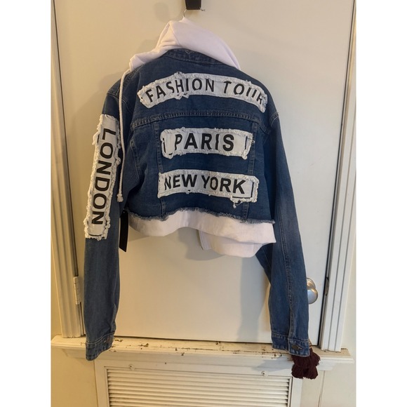 American Bazi Jackets & Blazers - American Bazi Women Cropped Hoodie Denim Jacket Fashion Tour Blue White